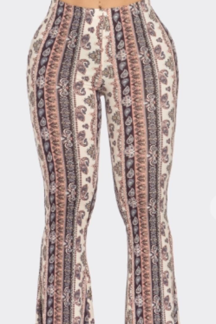 Boho Paisley Printed Flared Long Pant in a Grey/Pink Print