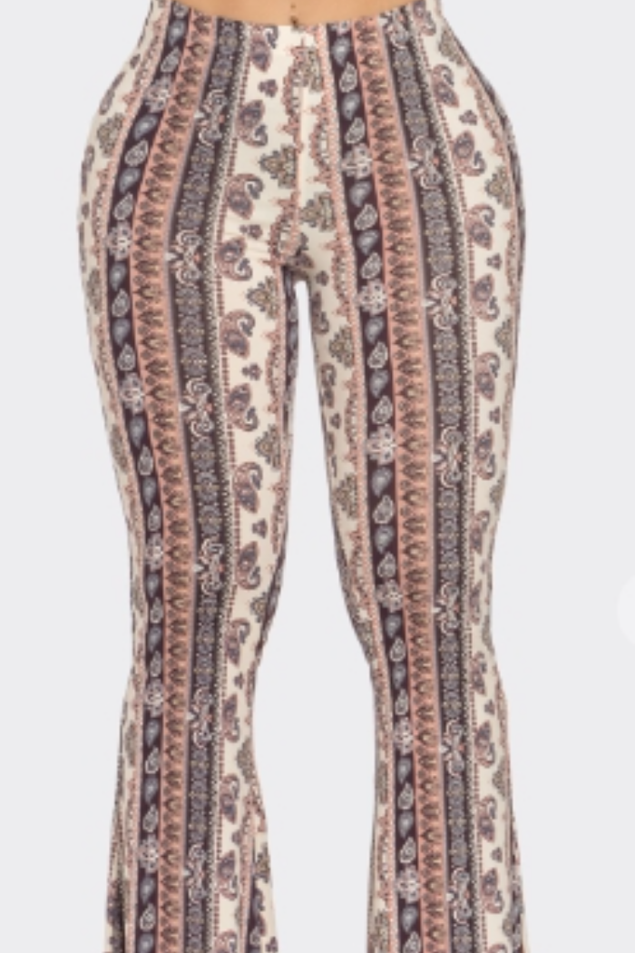 Boho Paisley Printed Flared Pant in a Grey/Pink Print