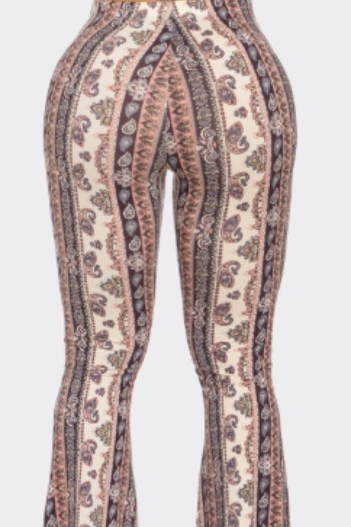 Boho Paisley Printed Flared Long Pant in a Grey/Pink Print