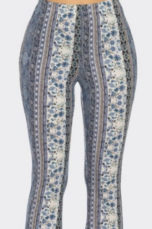 Boho Floral Printed Flared Long Pant in a Blue Print