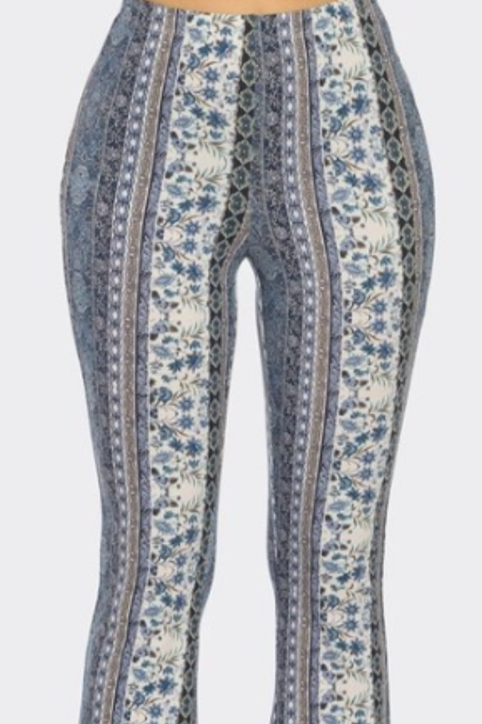 Boho Floral Printed Flared Pant in a Blue Print