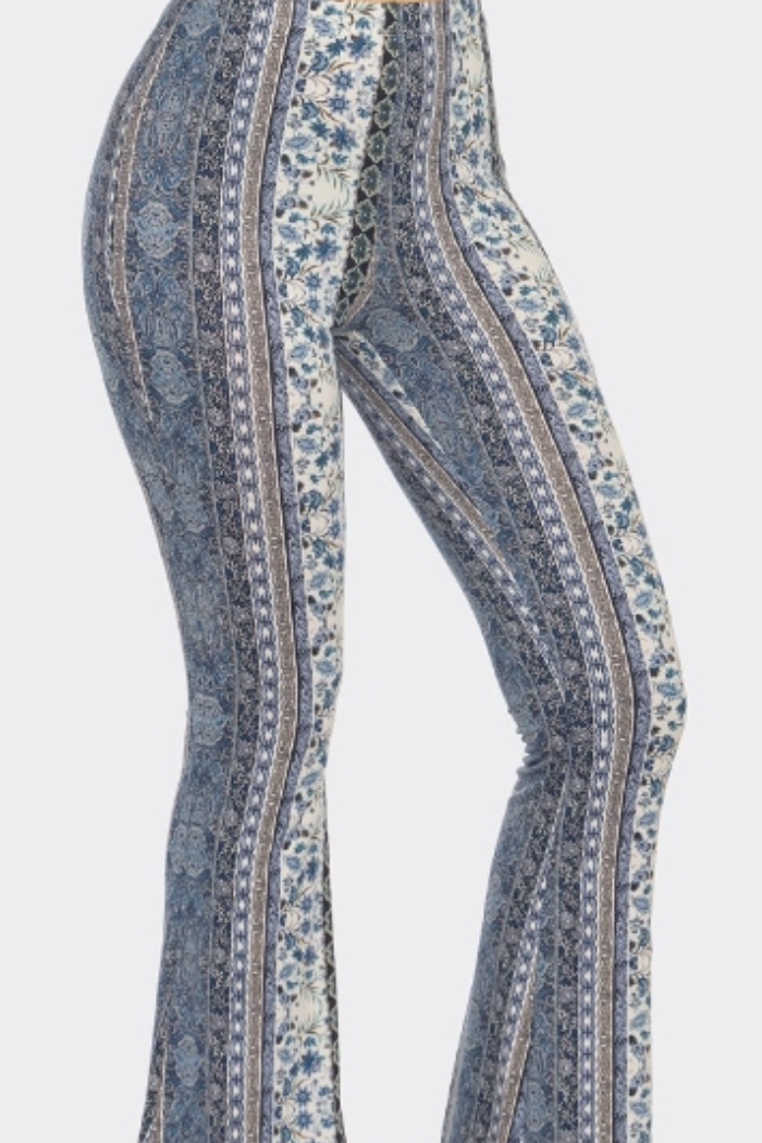 Boho Floral Printed Flared Long Pant in a Blue Print