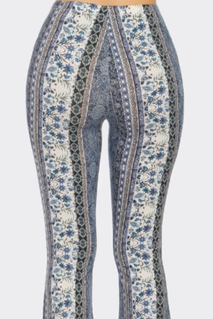 Boho Floral Printed Flared Long Pant in a Blue Print