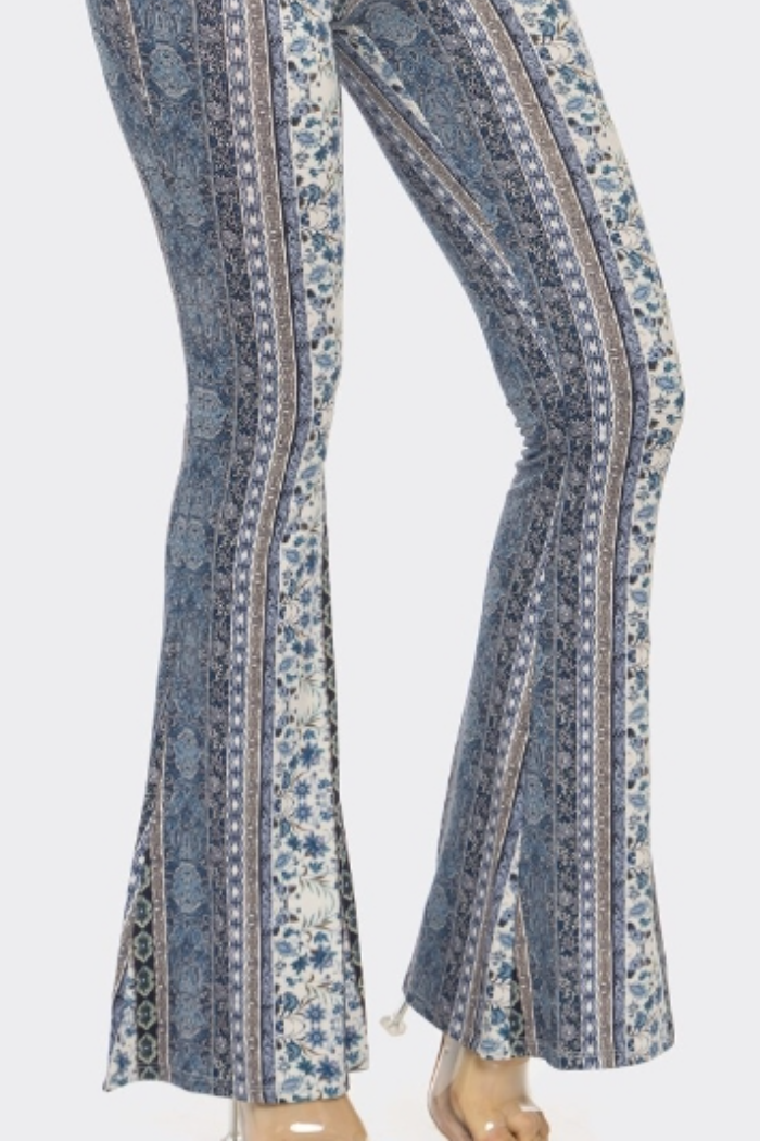 Boho Floral Printed Flared Long Pant in a Blue Print