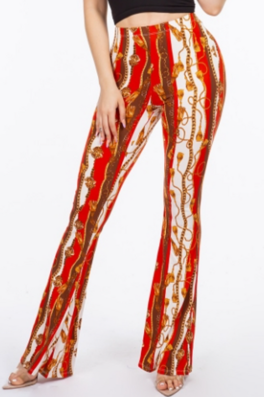 Baroque Chain  Printed Flared Long Pant in Red Print