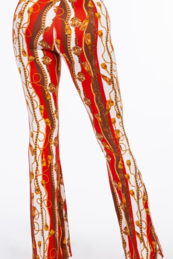 Baroque Chain  Printed Flared Long Pant in Red Print