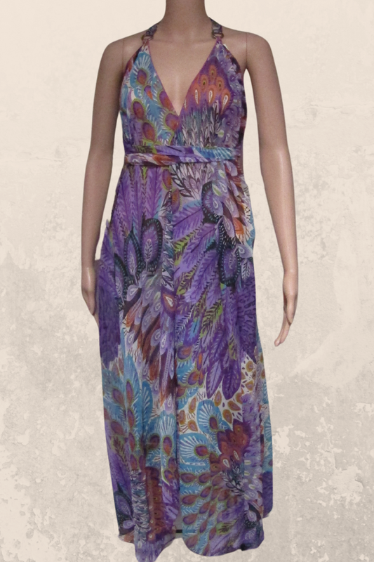 Sheer Halter Style CoverUp-Dress in a Purple Peacock Print