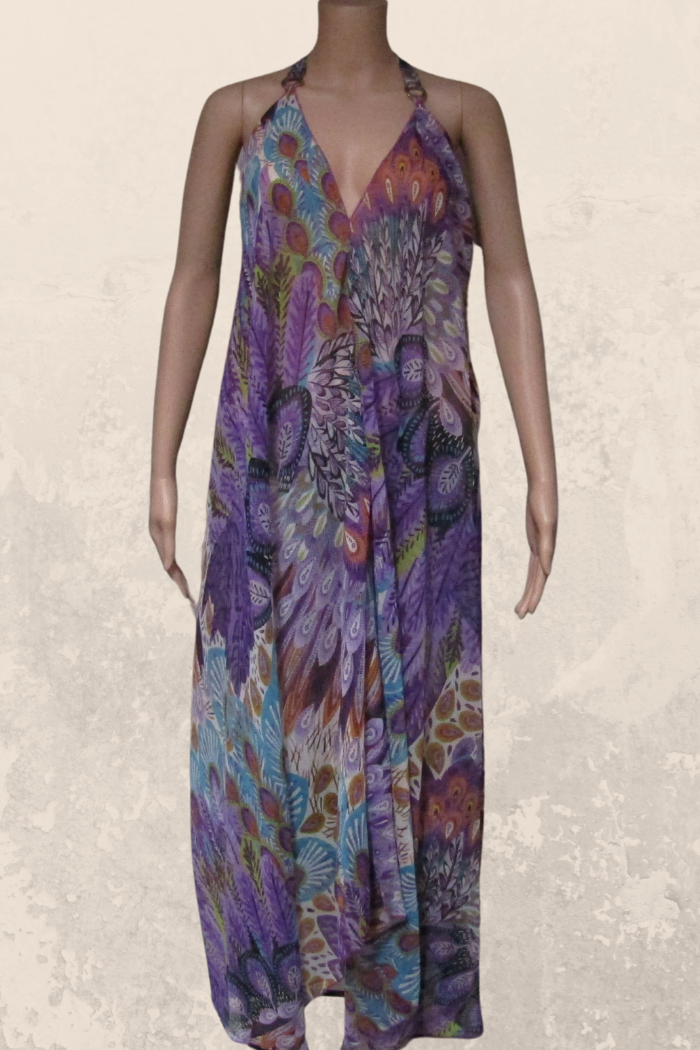 Sheer Halter Style CoverUp-Dress in a Purple Peacock Print