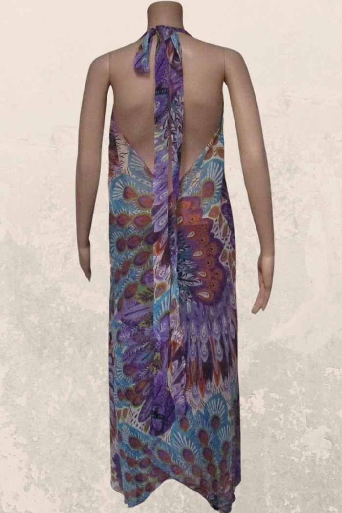 Sheer Halter Style CoverUp-Dress in a Purple Peacock Print