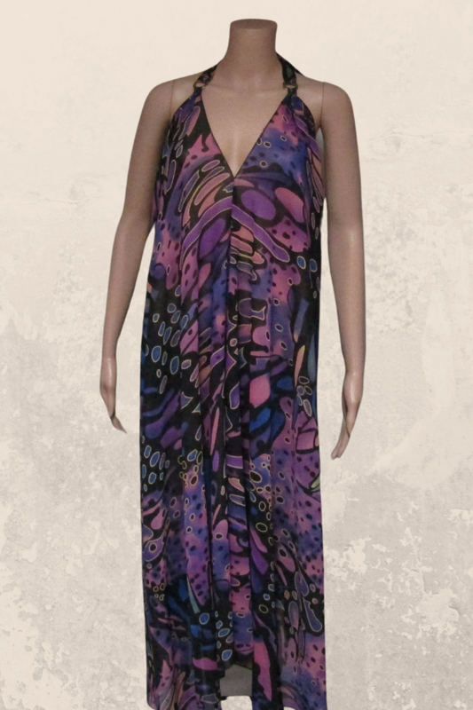 Sheer Halter Style CoverUp-Dress in a Purple Abstract Print