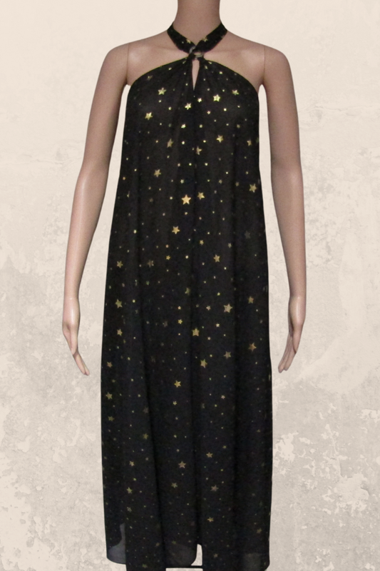 Sheer Halter Style CoverUp-Dress in a Gold Stars on Black Print
