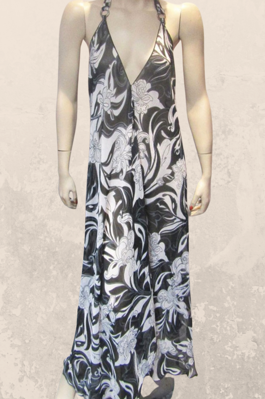 Sheer Halter Style CoverUp-Dress in Black & White Floral Print