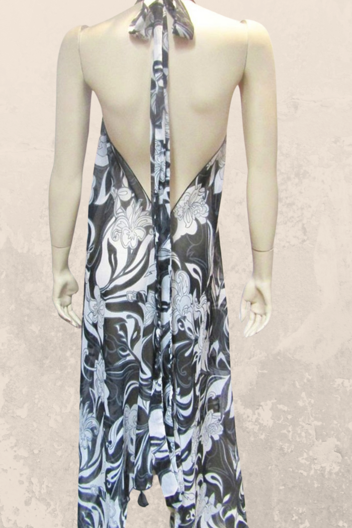 Sheer Halter Style CoverUp-Dress in Black & White Floral Print