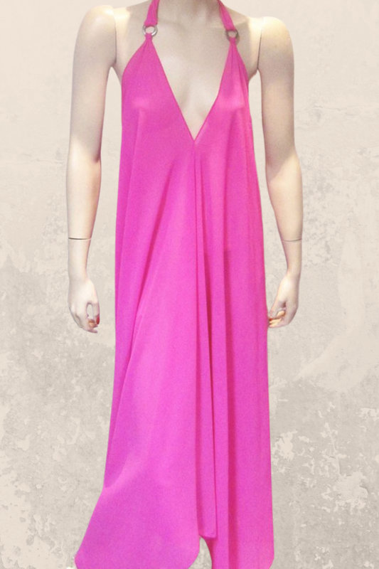 Sheer Halter Style CoverUp-Dress in Solid Hot Pink