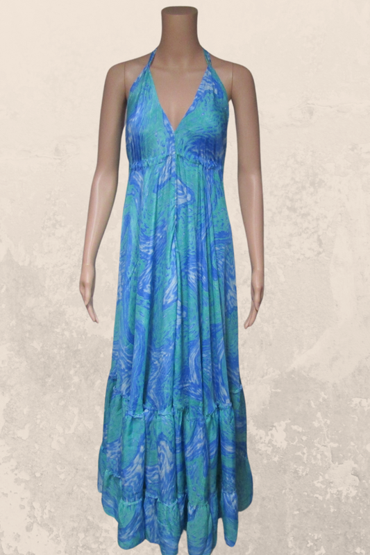 Alluring  Long Halter Dress in a Blue-Aqua Print