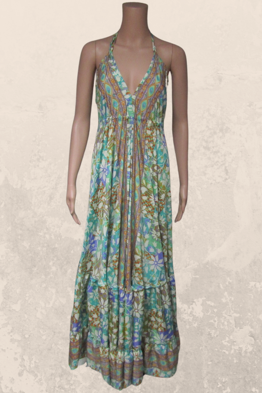 Alluring  Long Halter Dress in an Aqua Print