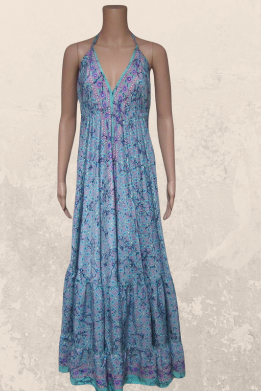 Alluring  Long Halter Dress in an Aqua Blue-Pink Print