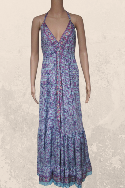 Alluring  Long Halter Dress in a Blue-Purple Print