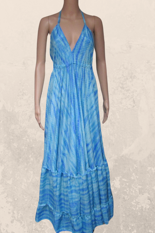 Alluring  Long Halter Dress in a Blue Print