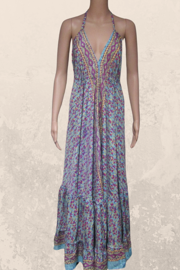 Alluring  Long Halter Dress in a Blue-Fuchsia Print