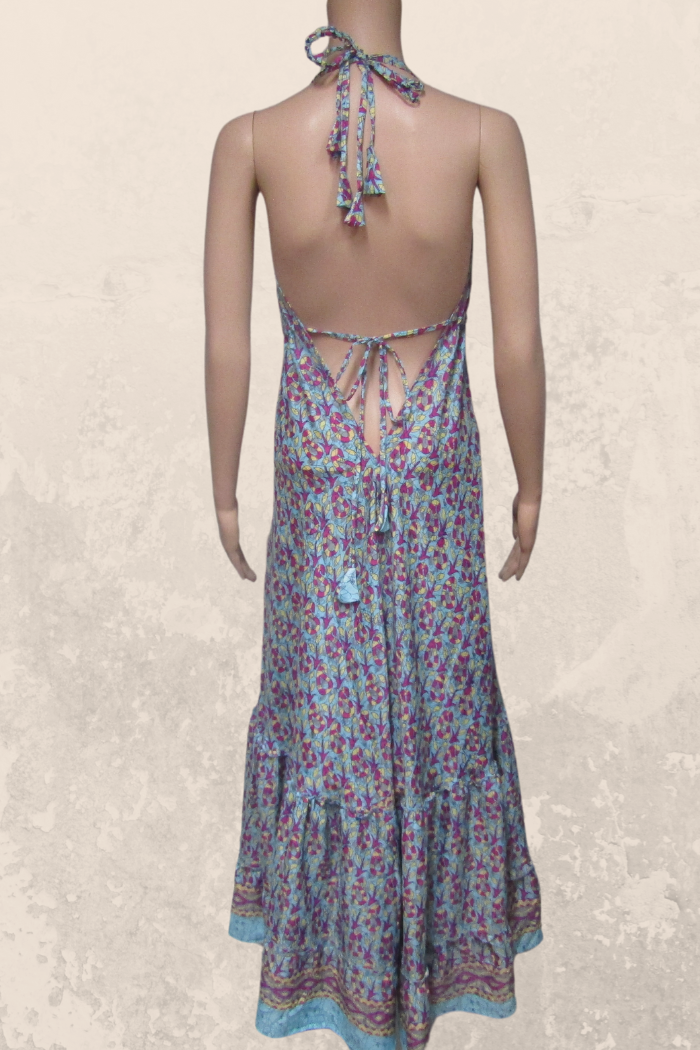 Alluring  Long Halter Dress in a Blue-Fuchsia Print