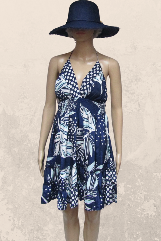 Chic Short Silk Blend Halter Dress in a Navy Print