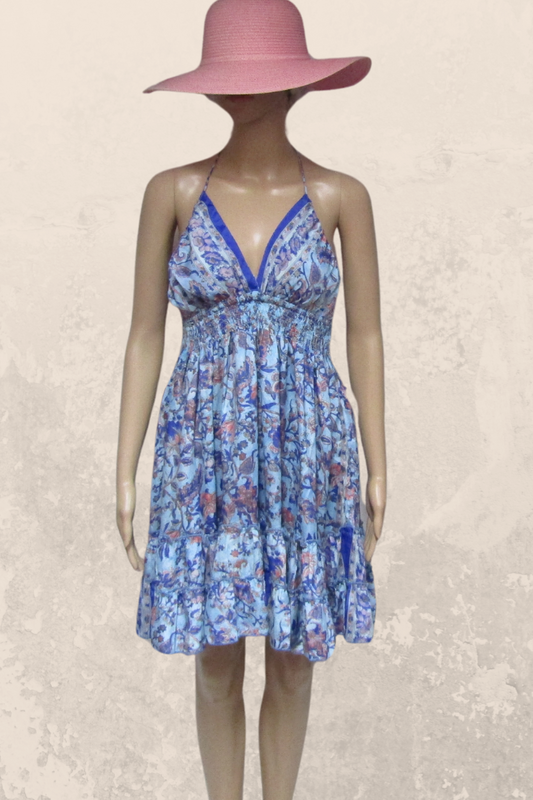 Chic Short Silk Blend Halter Dress in a Blue Floral Print