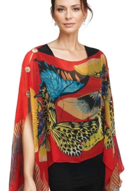 Silky Sheer 6-Button Poncho - Red Butterfly