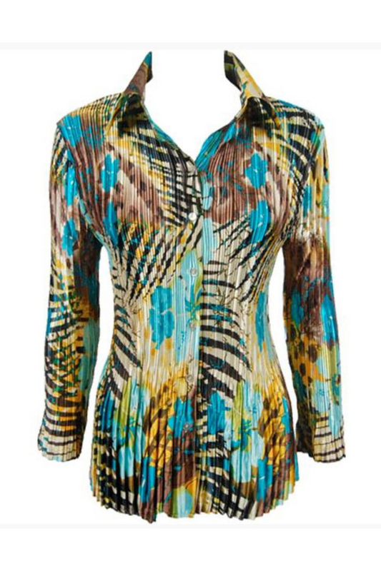 Stylish Satin Mini Pleated Shirt in a Tropical Print