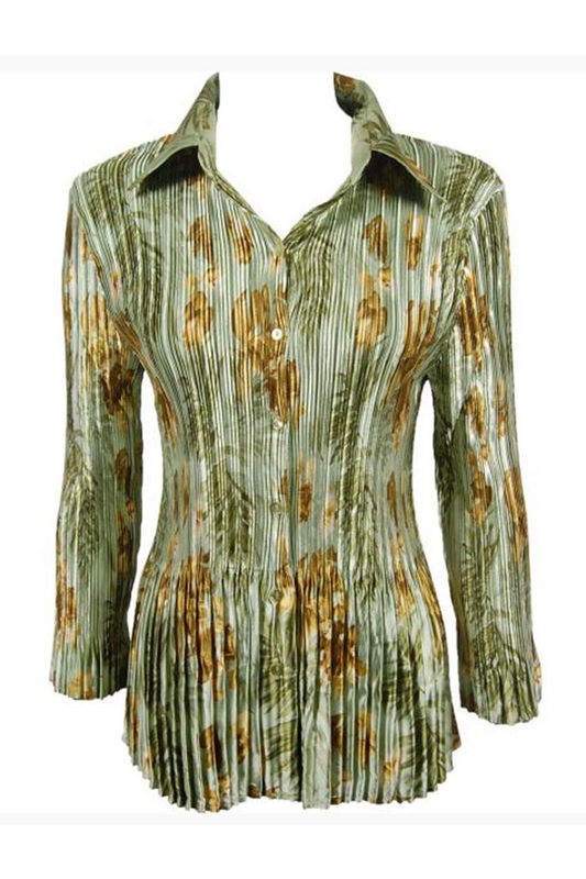 Stylish Satin Mini Pleated Shirt in a Sage-Gold Print