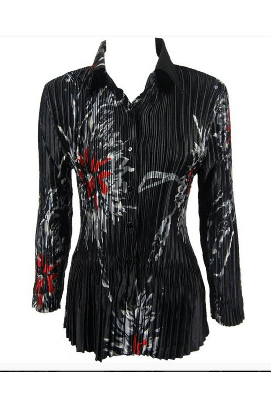 Stylish Satin Mini Pleated Shirt in a Red-Grey Floral on Black