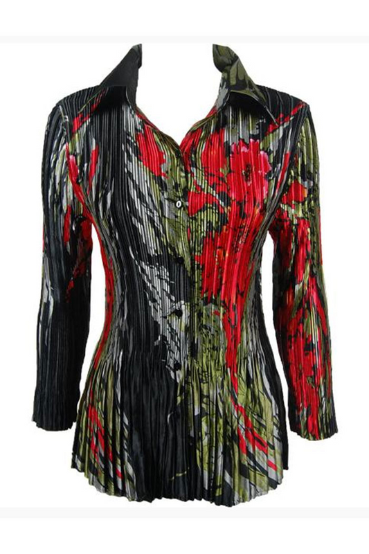 Stylish Satin Mini Pleated Shirt in an Olive-Red Floral on Black