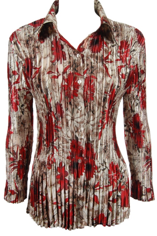 Stylish Satin Mini Pleated Shirt in a Crimson-Taupe Floral