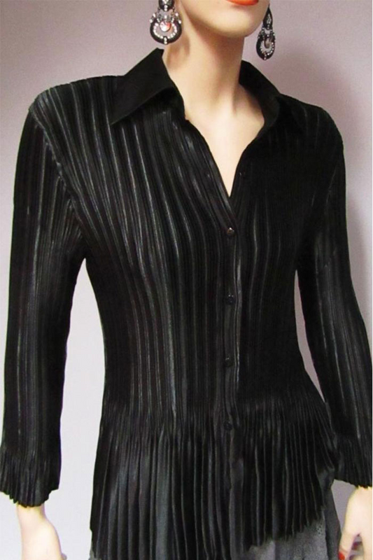 Stylish Satin Mini Pleated Shirt in Solid Black