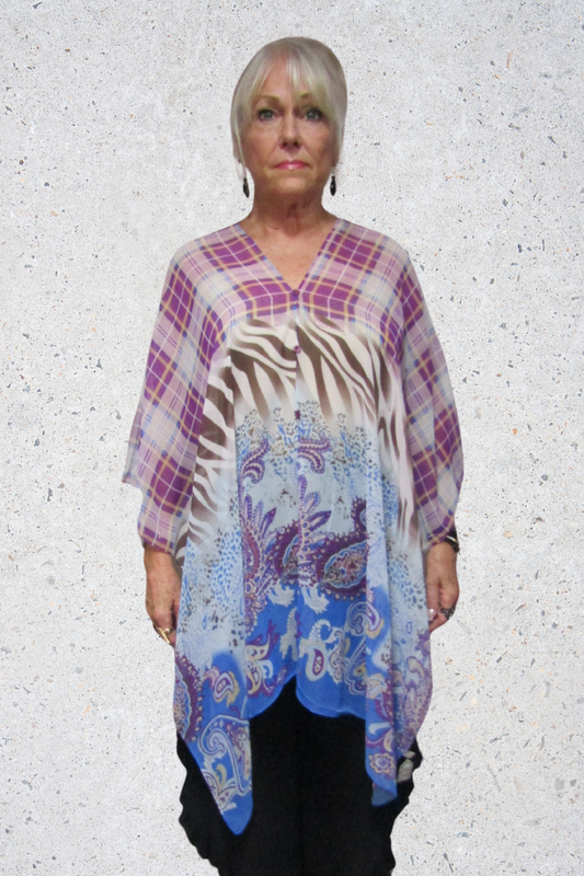 Silky Sheer 6-Button Poncho - Purple Plaid