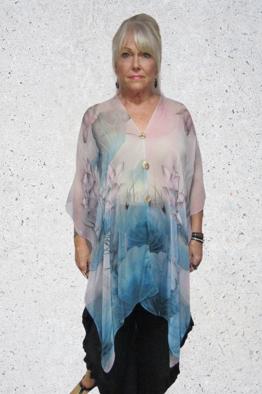 Silky Sheer 6-Button Poncho - Blue-Pink Lotus