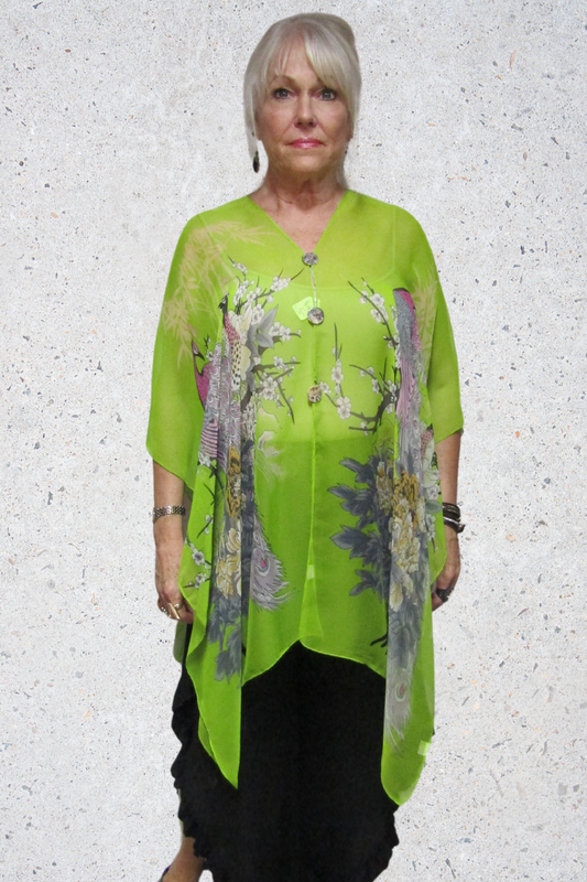 Silky Sheer 6-Button Poncho - Lime Peacock