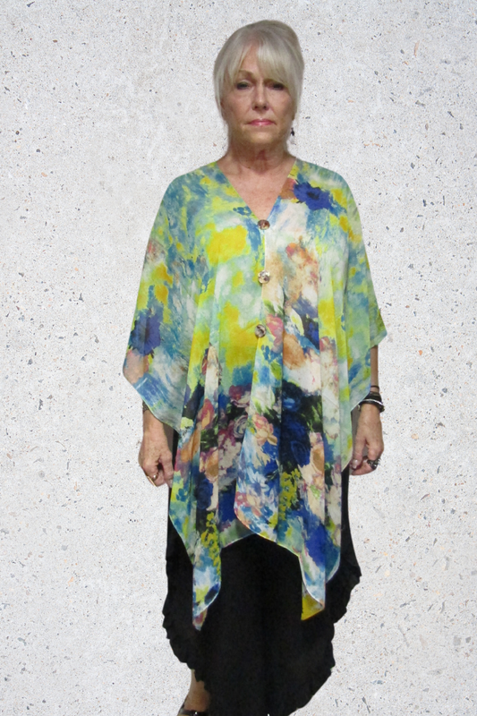 Silky Sheer 6-Button Poncho - Multicolor Abstract