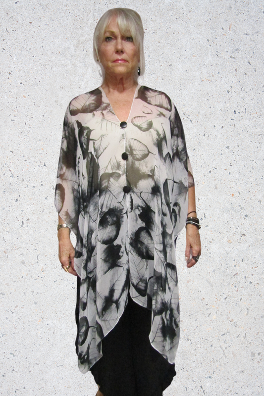 Silky Sheer 6-Button Poncho - Black Leaves