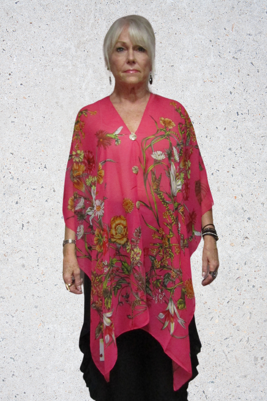 Silky Sheer 6-Button Poncho - Magenta Floral