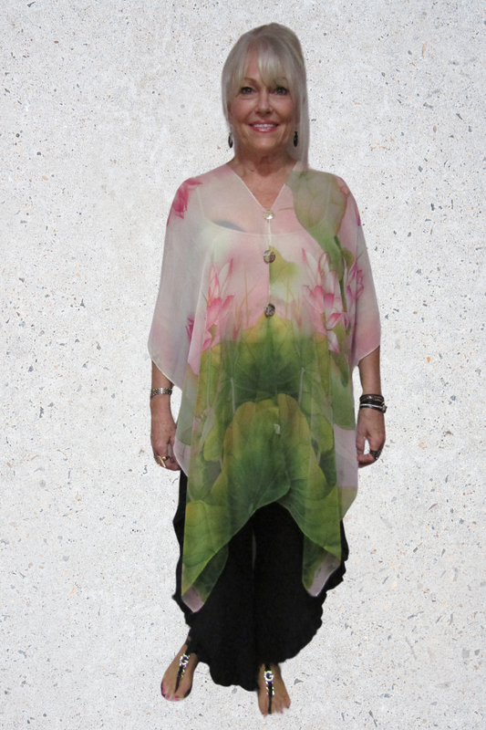 SILKY SHEER PONCHO - Green/Pink Lotus