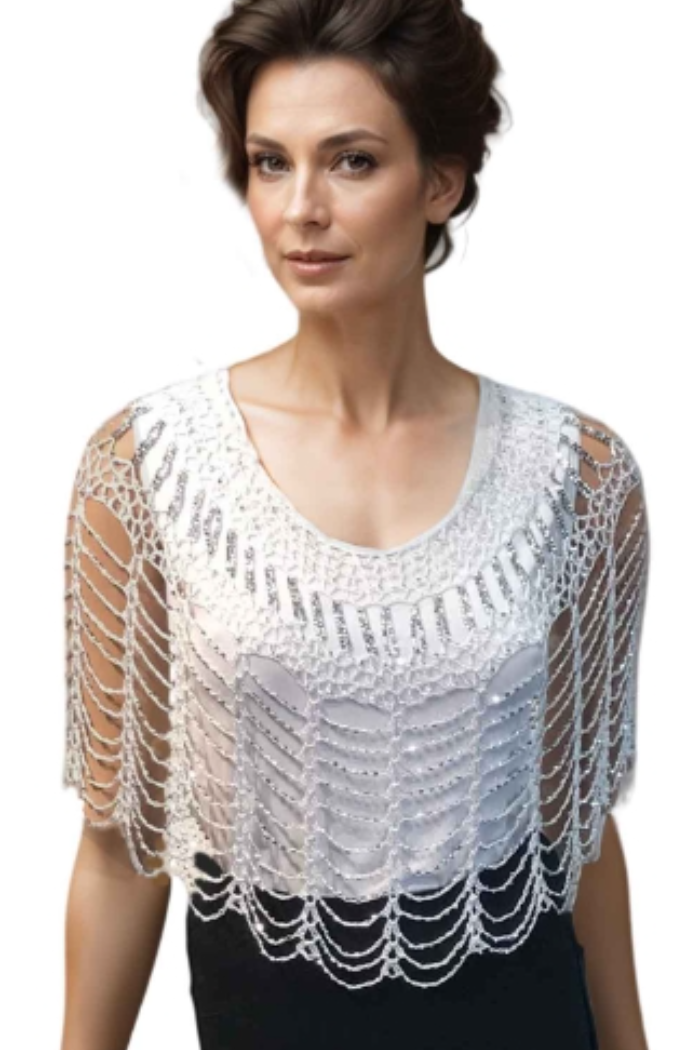 BEADED PONCHO-WHITE/SILVER