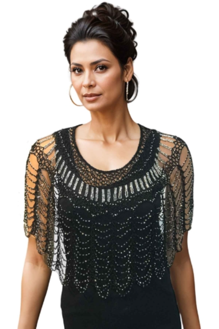 BEADED PONCHO-BLACK/SILVER