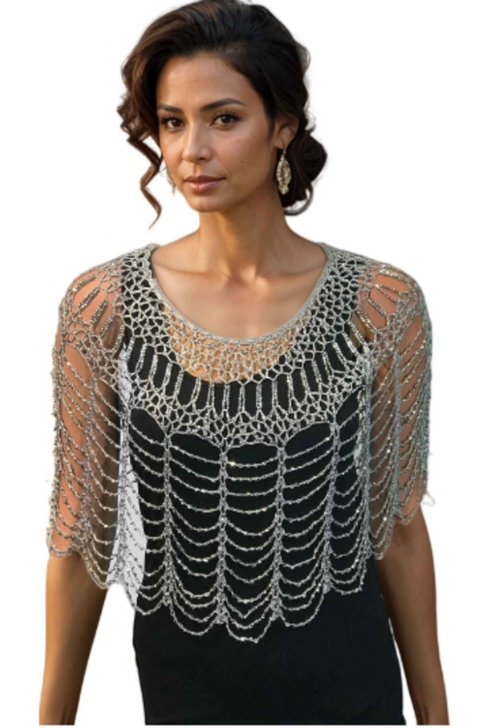 Elegant Shanghai Beaded Poncho - Silver with Silver Beading