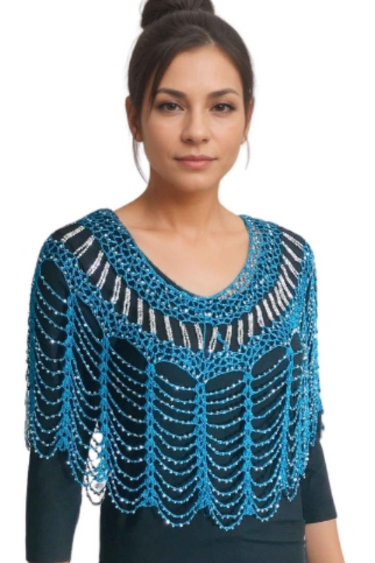 Elegant Shanghai Beaded Poncho - Turquoise with Silver Beading