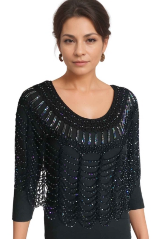 Elegant Shanghai Beaded Poncho - Black with AB Beading