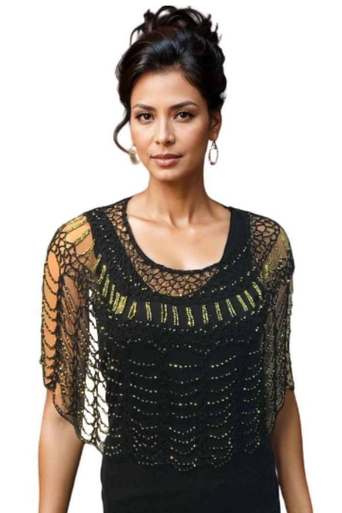 BEADED PONCHO - BLACK/GOLD