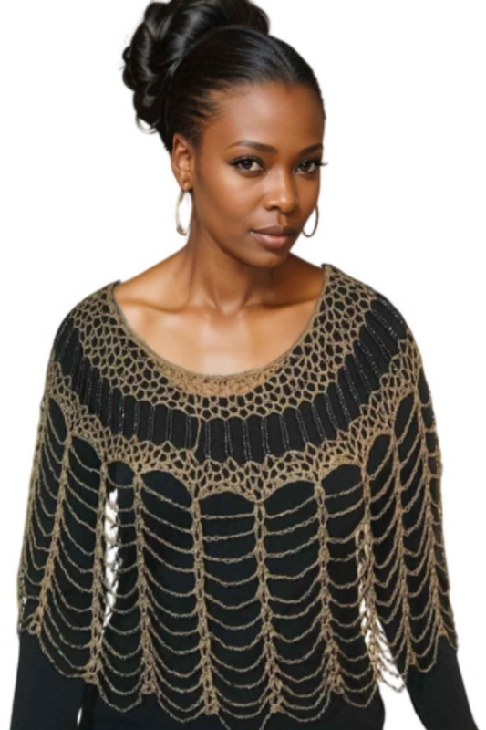 Elegant Shanghai Beaded Poncho - Taupe with Black Beading