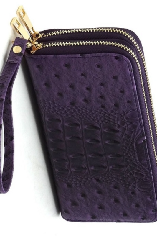 Ostrich Croc Double Zip Wallet Wristlet in Purple