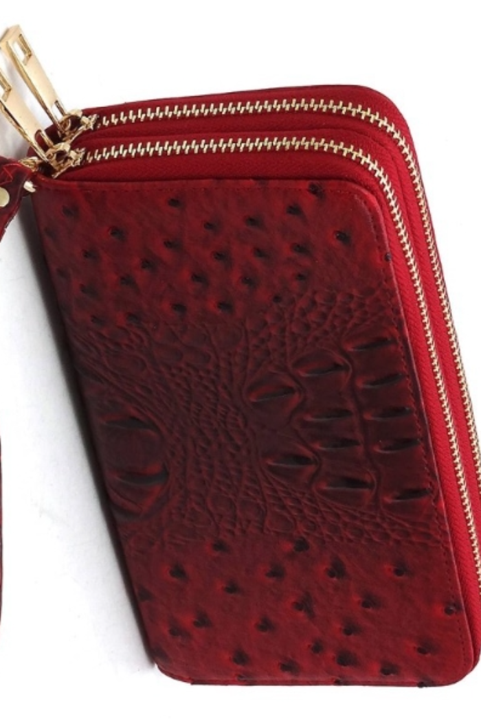 Ostrich Croc Double Zip Wallet Wristlet in Red